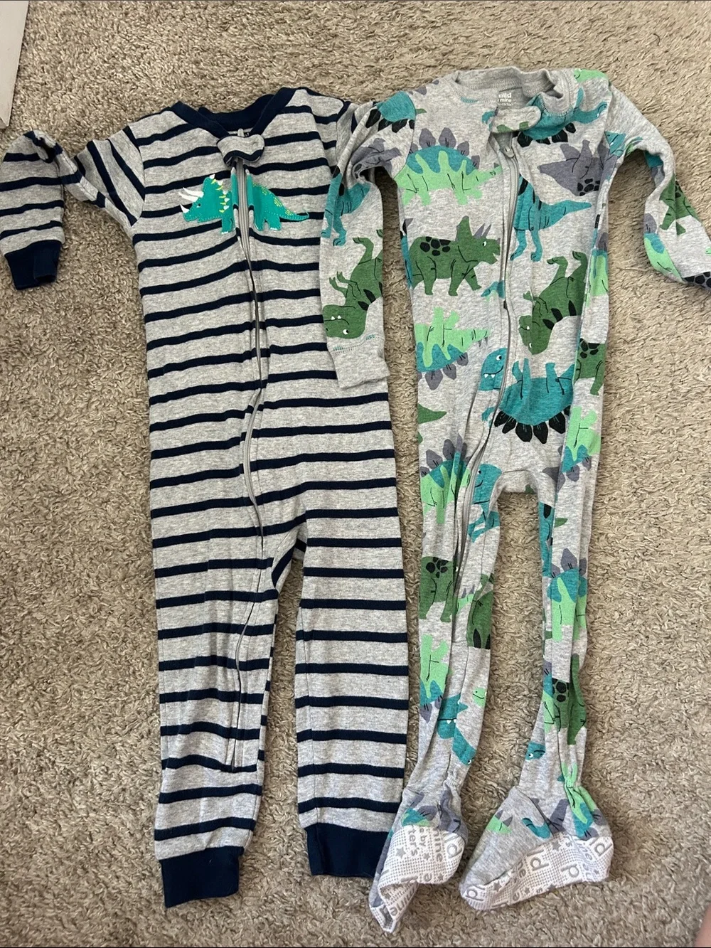 Carter's Grey & Navy Stripe One-Piece with Green Dino Print - 2-Pack